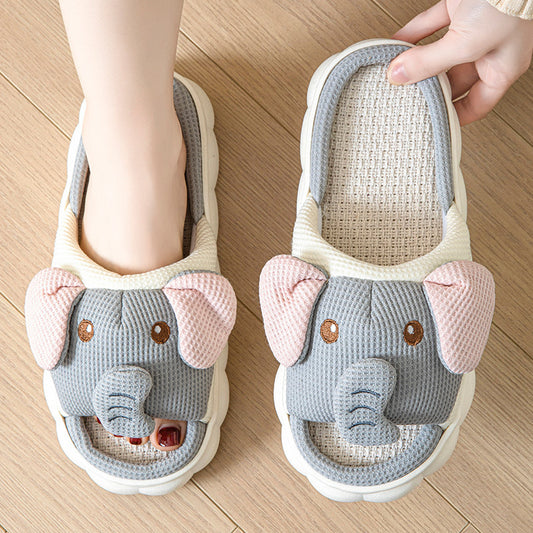 Couples Open-Toe Animal Linen Slippers
