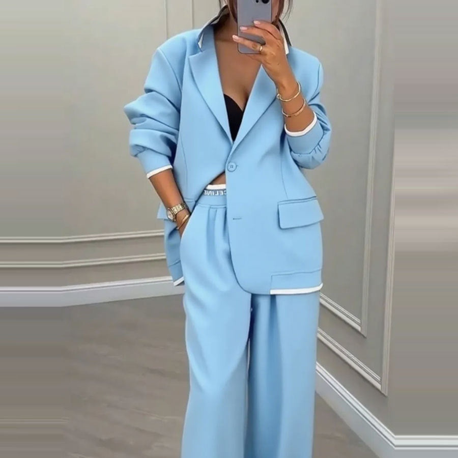 Women’s Long Sleeve Jacket and Wide-Leg Pants Suit – Casual Two-Piece Set