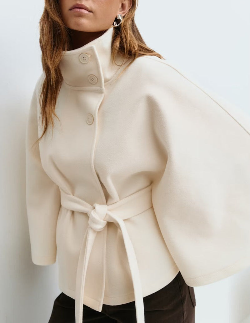 Women’s High Neck Batwing Sleeve Winter Coat with Belt