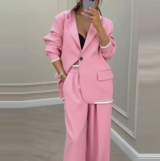 Women’s Long Sleeve Jacket and Wide-Leg Pants Suit – Casual Two-Piece Set