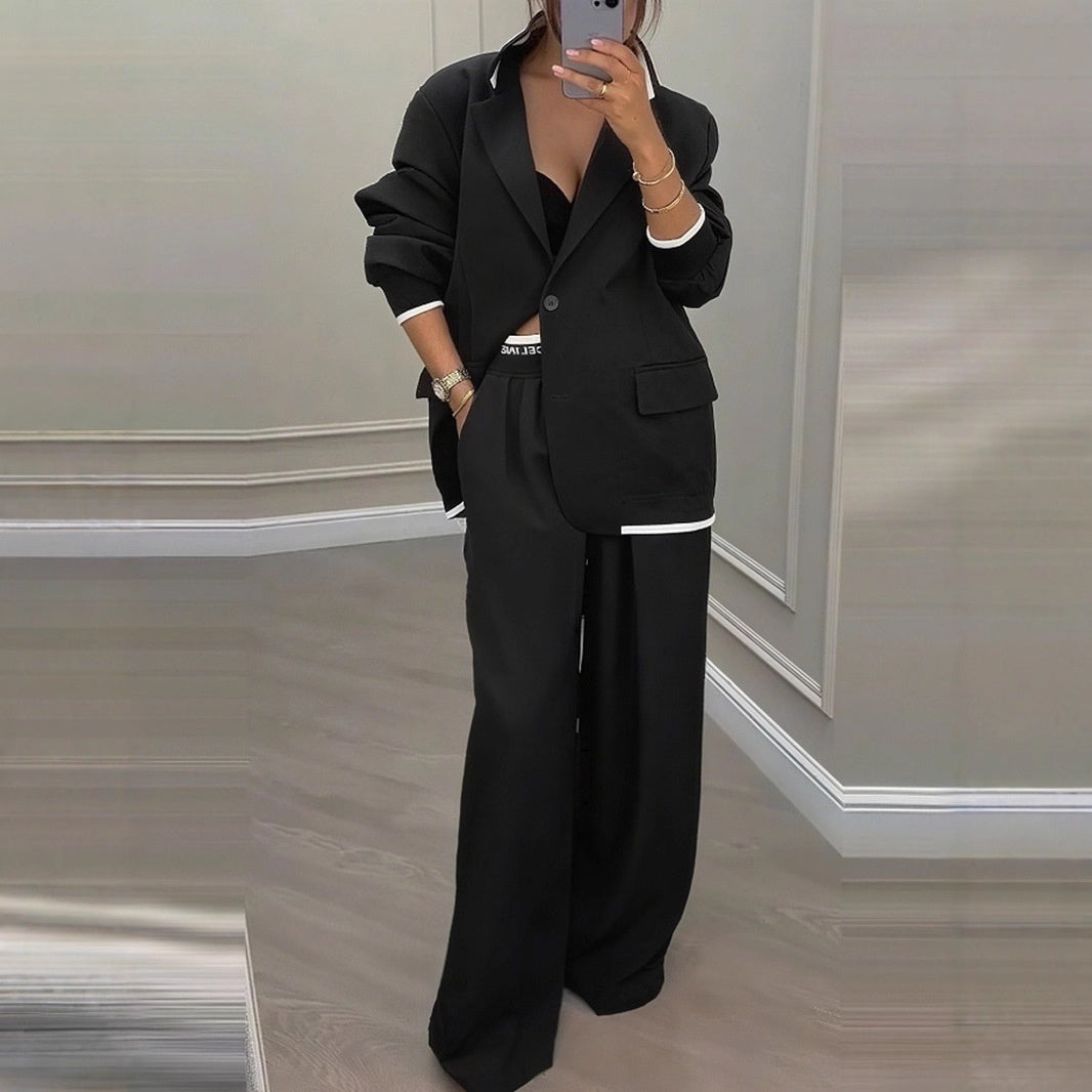 Women’s Long Sleeve Jacket and Wide-Leg Pants Suit – Casual Two-Piece Set