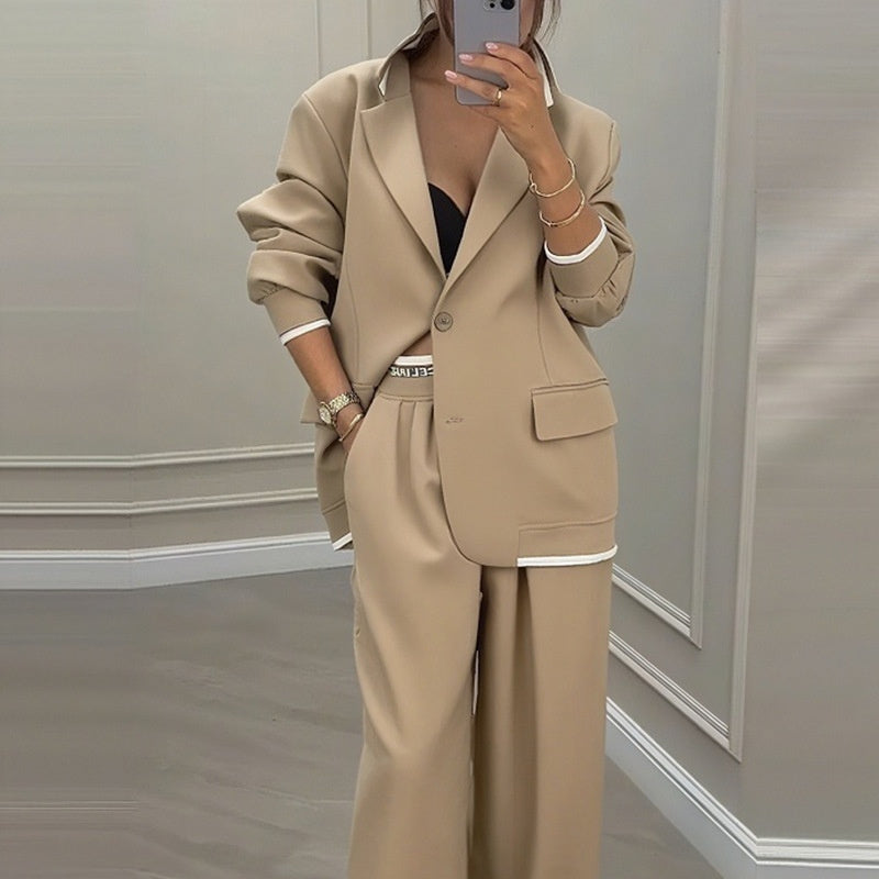 Women’s Long Sleeve Jacket and Wide-Leg Pants Suit – Casual Two-Piece Set