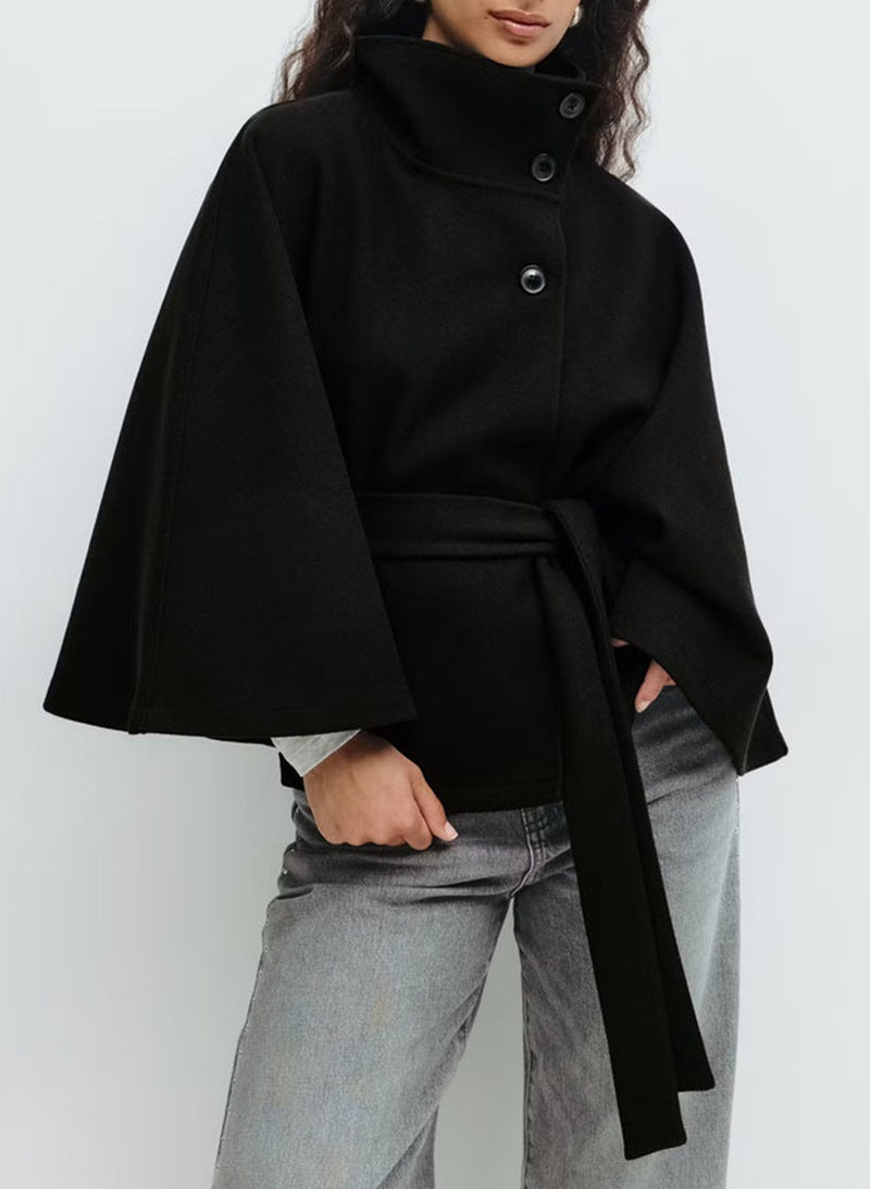Women’s High Neck Batwing Sleeve Winter Coat with Belt