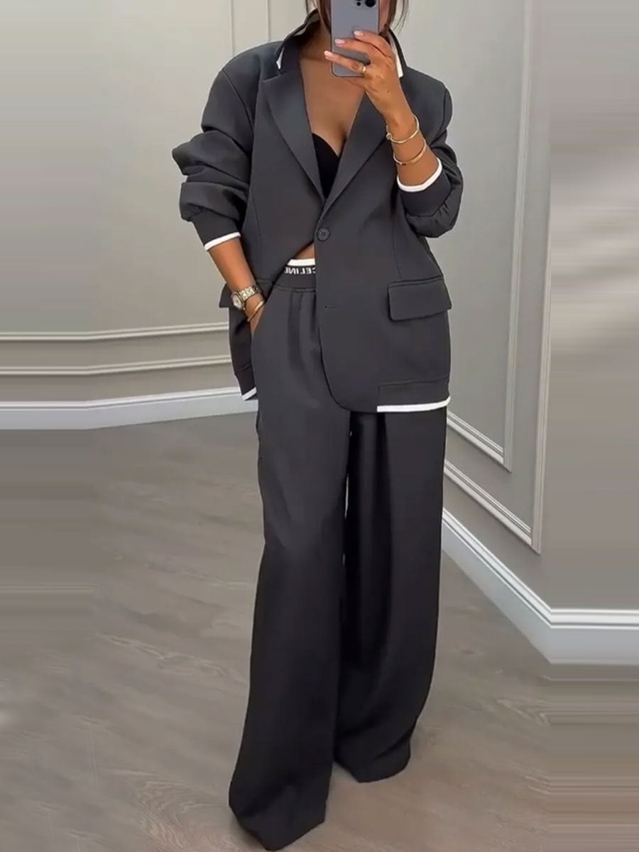 Women’s Long Sleeve Jacket and Wide-Leg Pants Suit – Casual Two-Piece Set