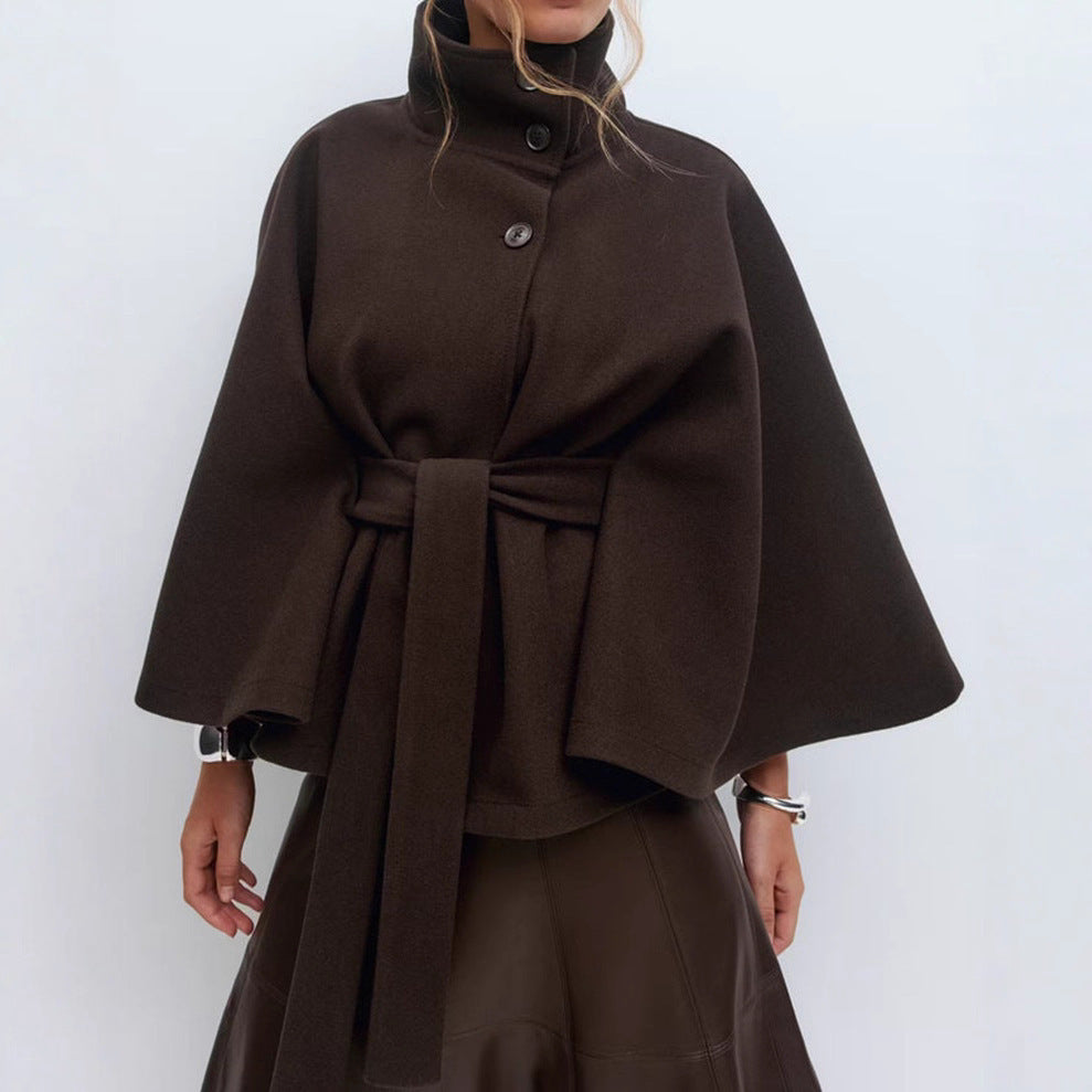 Women’s High Neck Batwing Sleeve Winter Coat with Belt