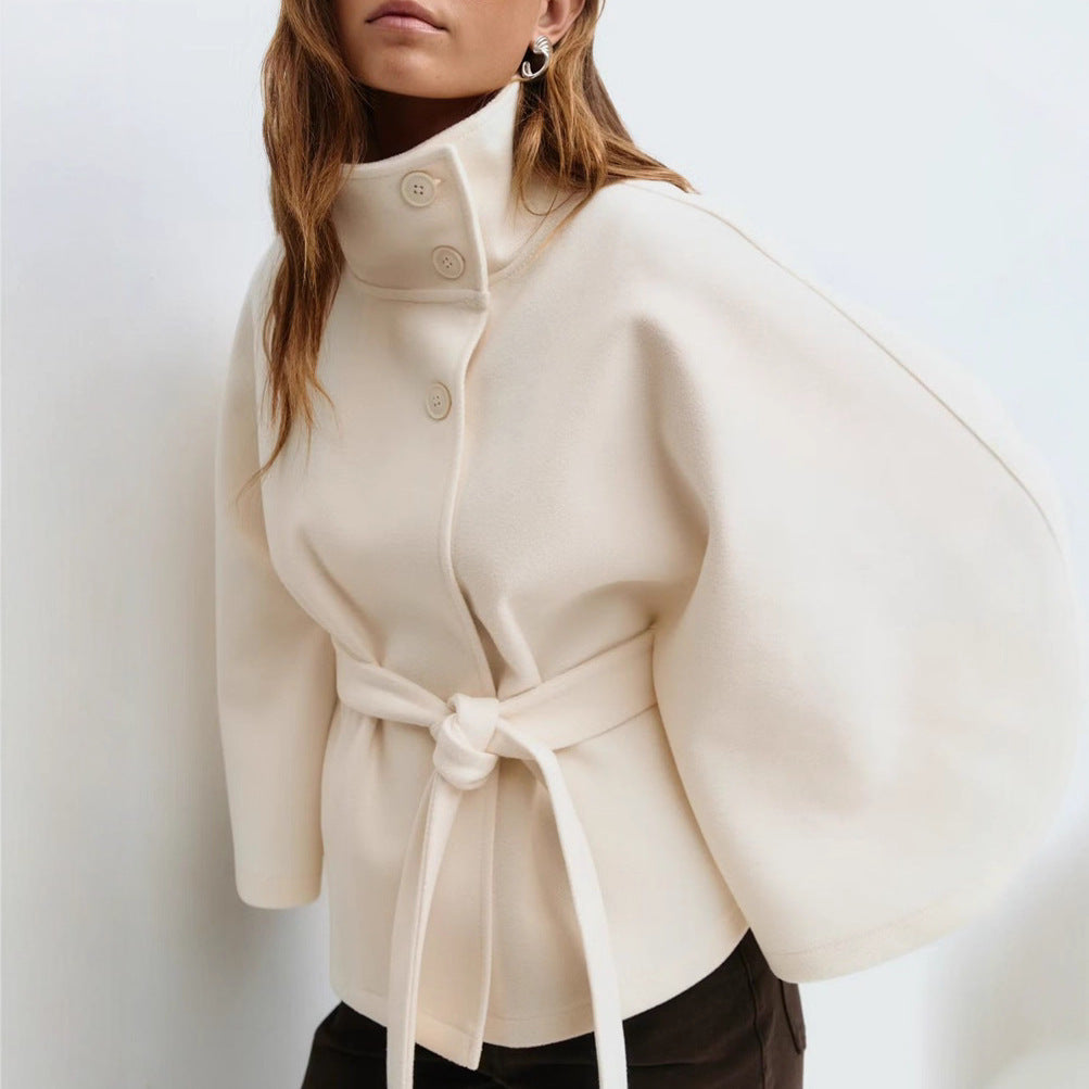 Women’s High Neck Batwing Sleeve Winter Coat with Belt