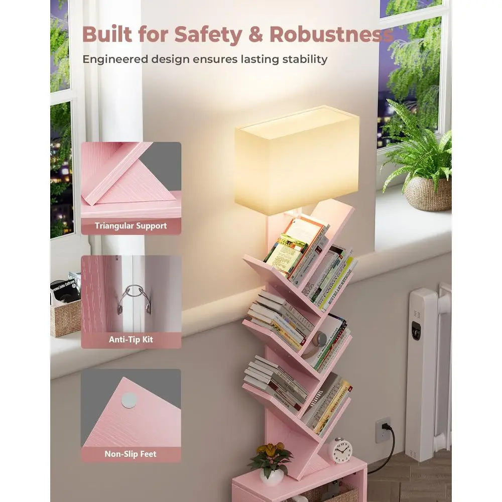 Pink 6-Tier Narrow Bookshelf with Storage Cabinet