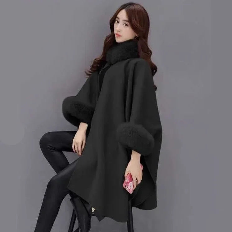 Woolen Coat with Rabbit Fur Collar
