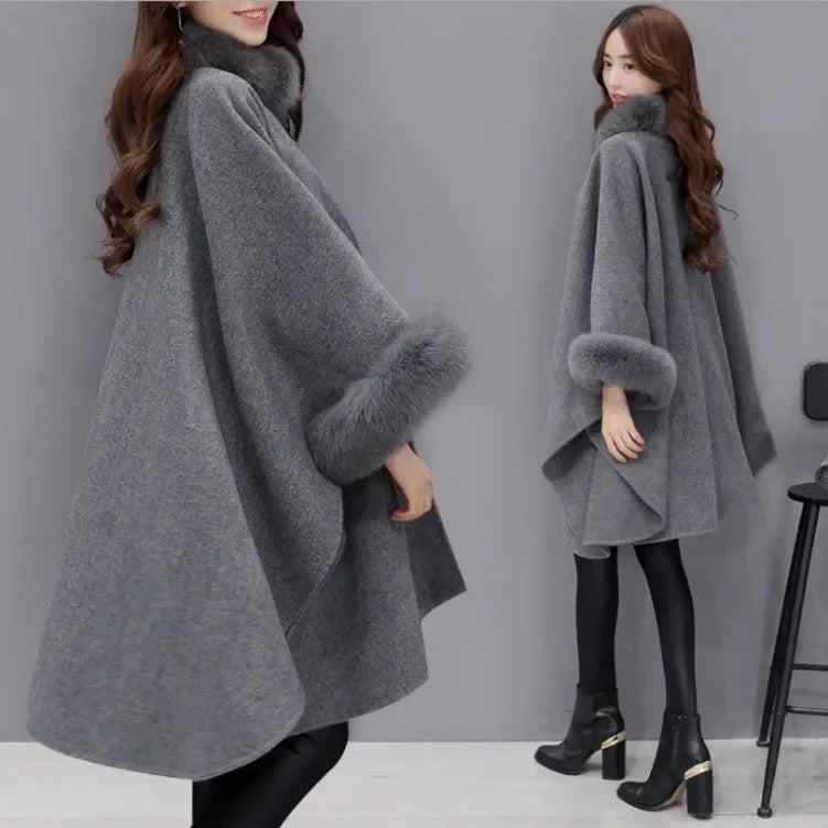 Woolen Coat with Rabbit Fur Collar