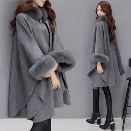 Woolen Coat with Rabbit Fur Collar