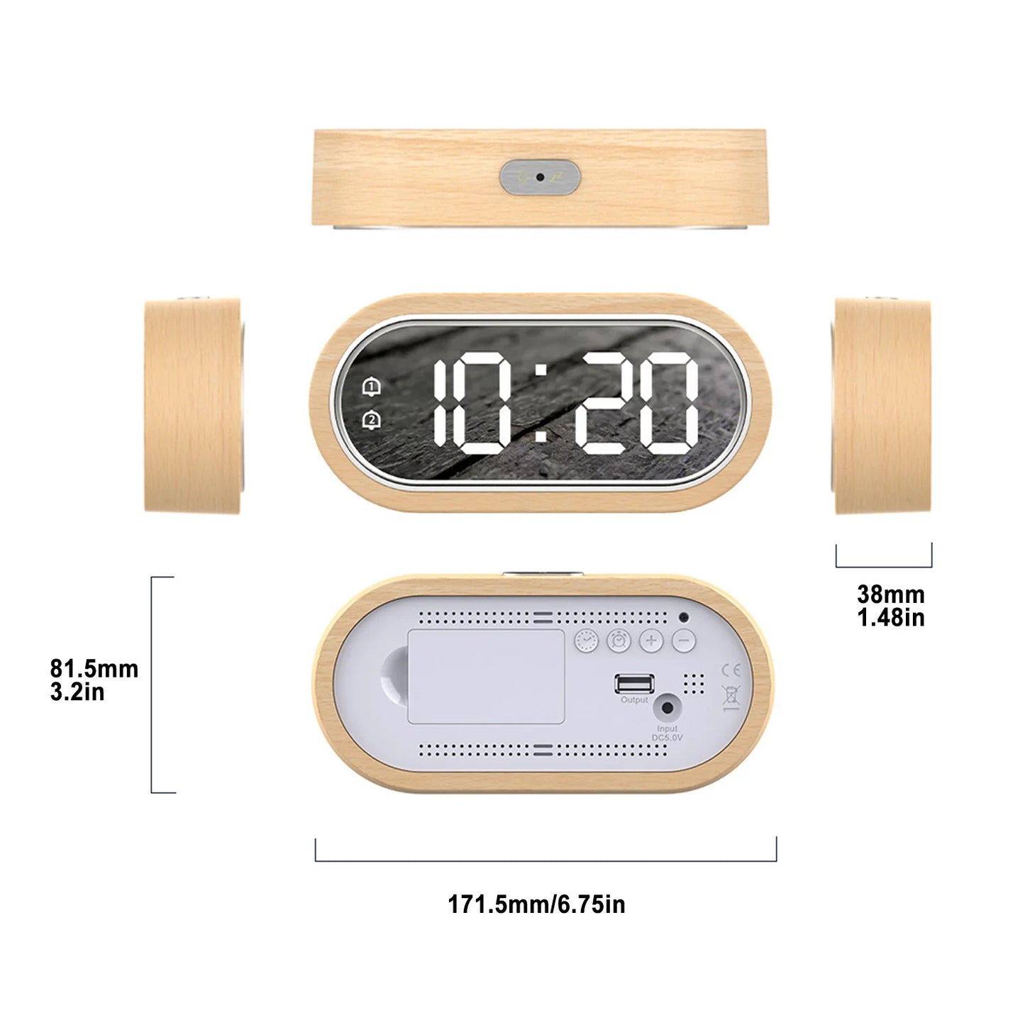 LED Digital Wooden Desk Alarm Clock – Modern Time, Temperature & Brightness Adjustment (USB/AAA Powered)