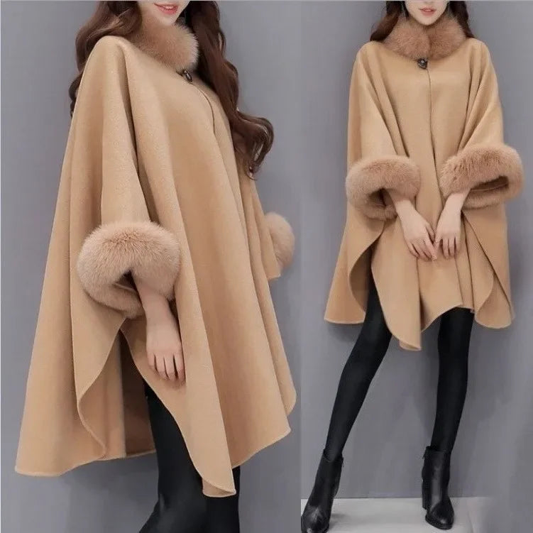 Woolen Coat with Rabbit Fur Collar