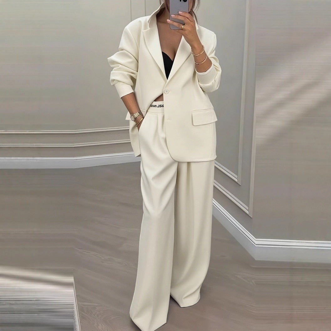Women’s Long Sleeve Jacket and Wide-Leg Pants Suit – Casual Two-Piece Set