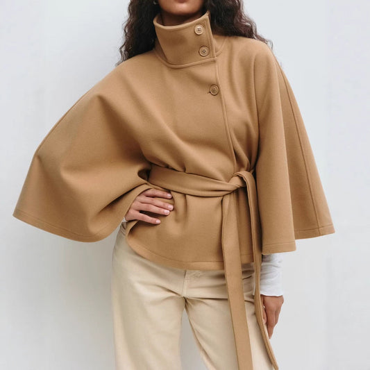 Women’s High Neck Batwing Sleeve Winter Coat with Belt