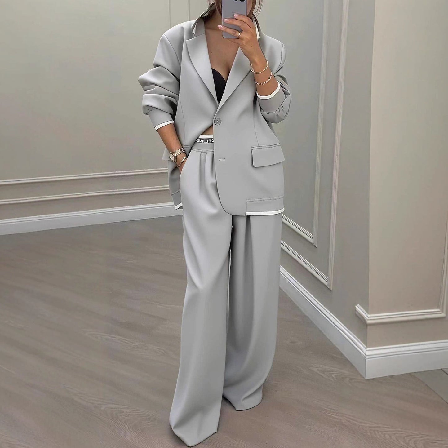 Women’s Long Sleeve Jacket and Wide-Leg Pants Suit – Casual Two-Piece Set