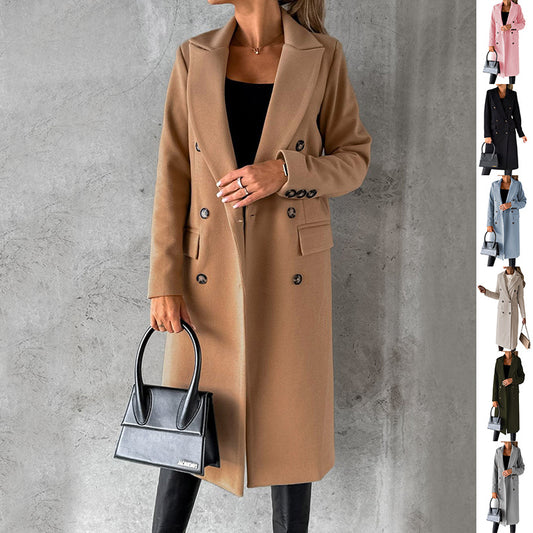 Women’s Double-Breasted Lapel Coat – Slim Long Winter Jacket