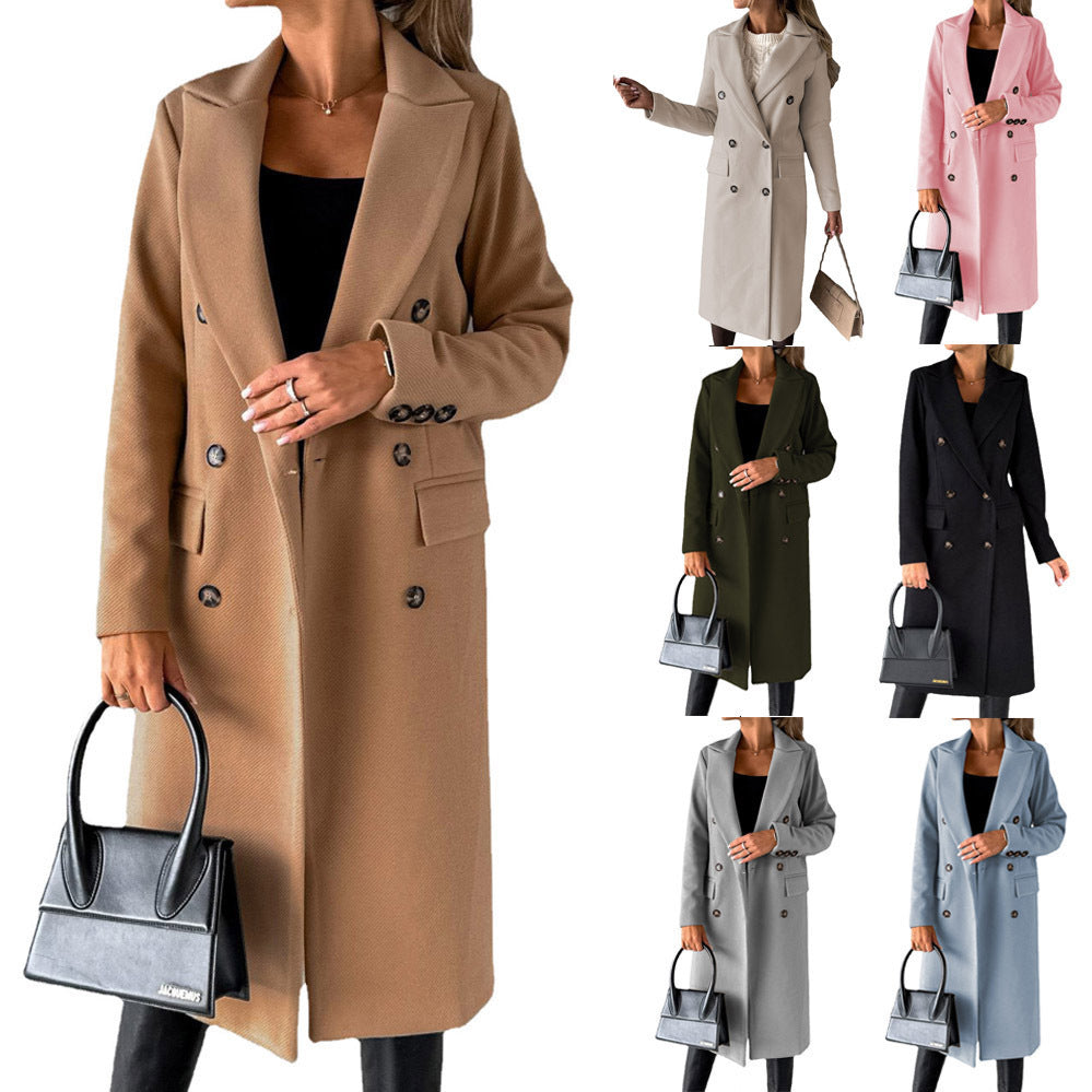 Women’s Double-Breasted Lapel Coat – Slim Long Winter Jacket