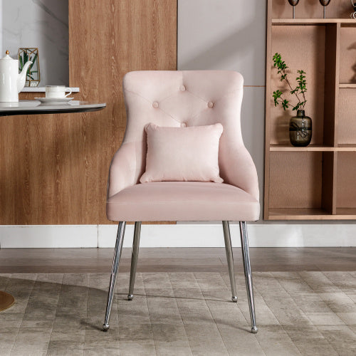 Modern Upholstered Armchair with Button Pattern & Lumbar Cushion – Metal Leg Dining & Lounge Chair