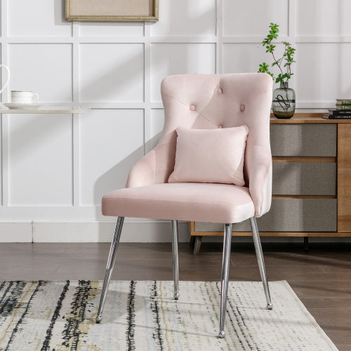Modern Upholstered Armchair with Button Pattern & Lumbar Cushion – Metal Leg Dining & Lounge Chair