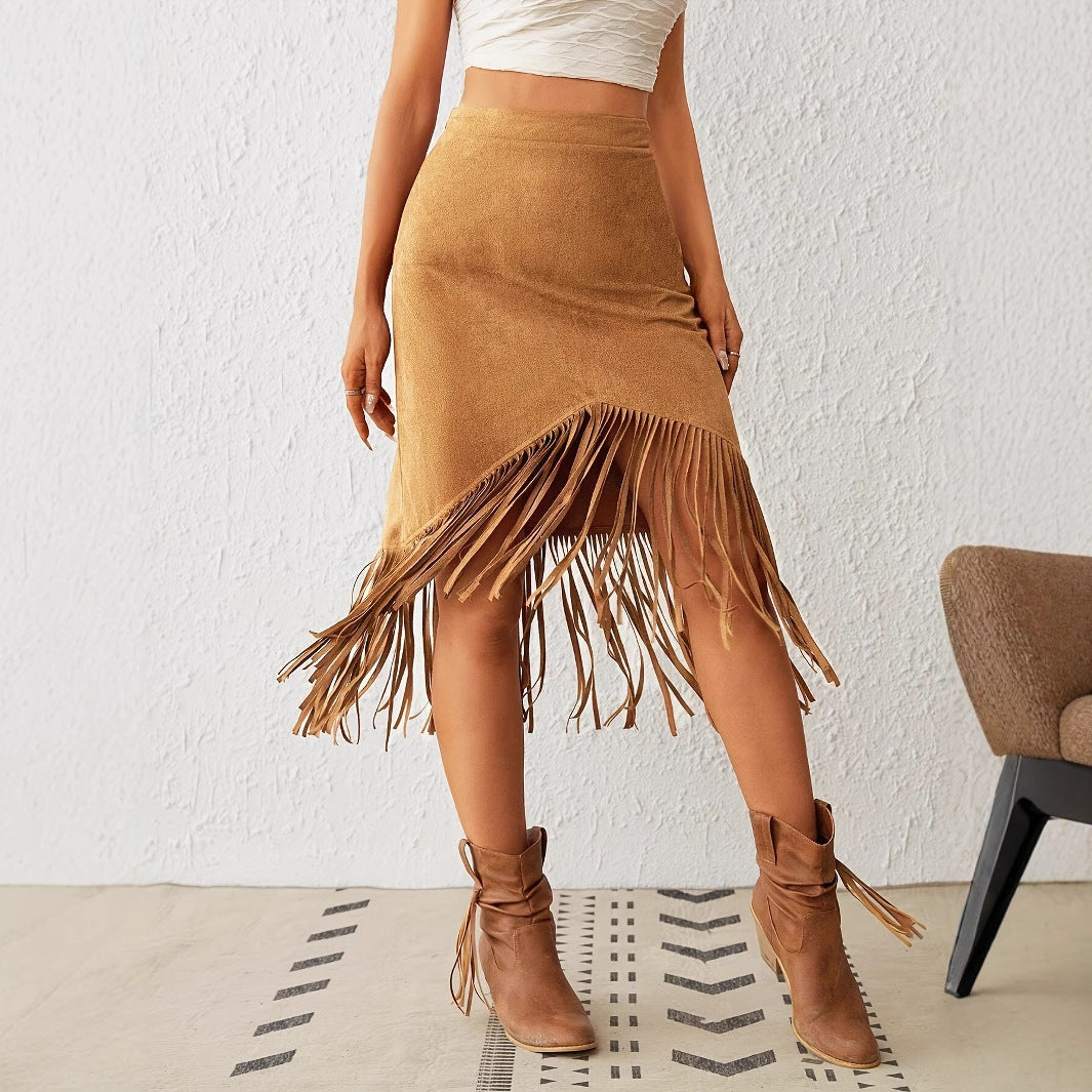 Suede Fringe High Waisted Skirt