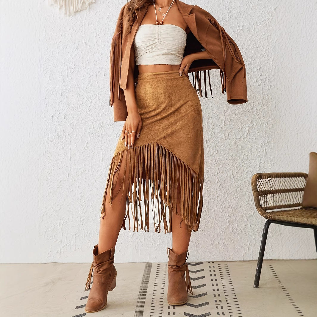 Suede Fringe High Waisted Skirt