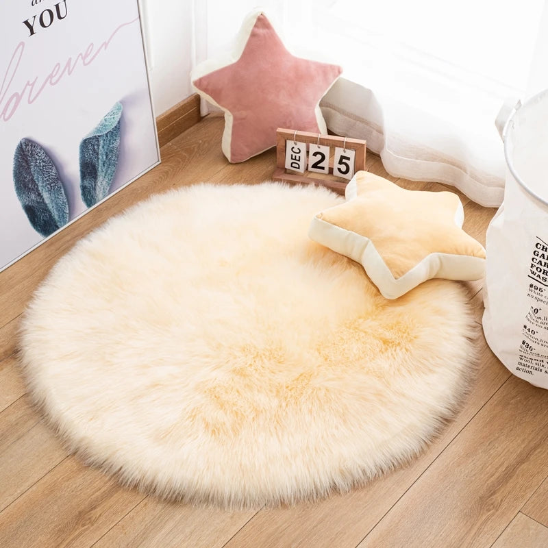 Plush Sheepskin Round Carpet – Soft Shaggy Fur Rug for Bedroom & Living Room