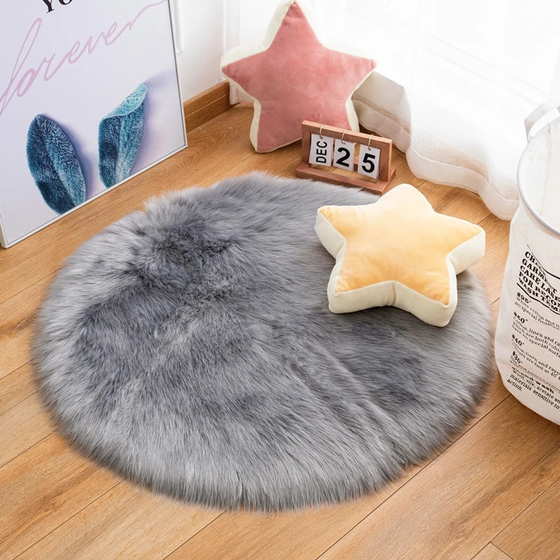 Plush Sheepskin Round Carpet – Soft Shaggy Fur Rug for Bedroom & Living Room