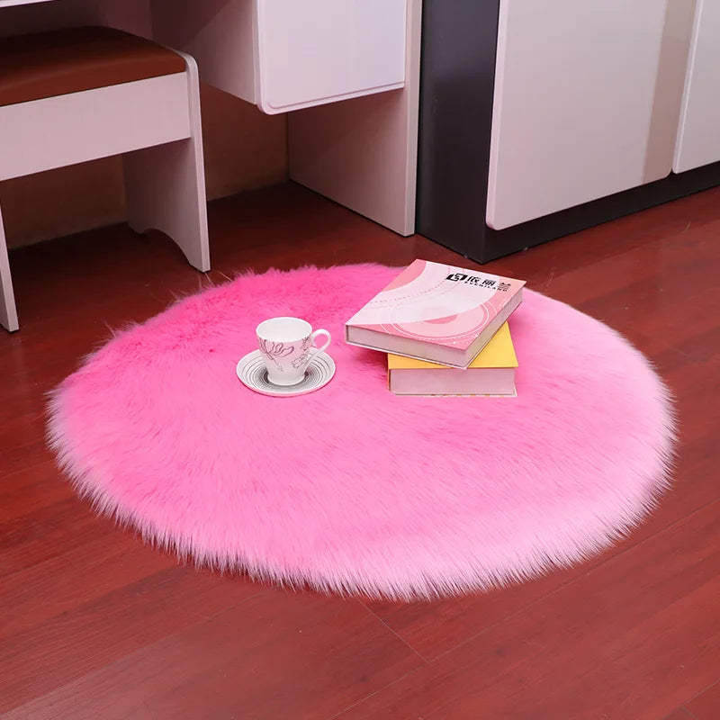 Plush Sheepskin Round Carpet – Soft Shaggy Fur Rug for Bedroom & Living Room