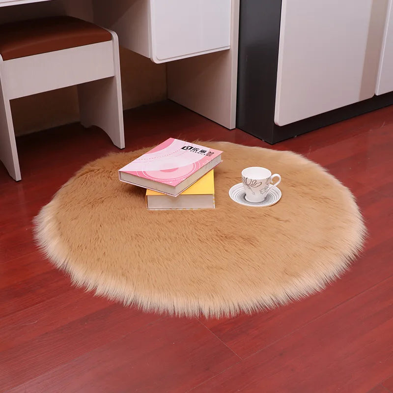 Plush Sheepskin Round Carpet – Soft Shaggy Fur Rug for Bedroom & Living Room