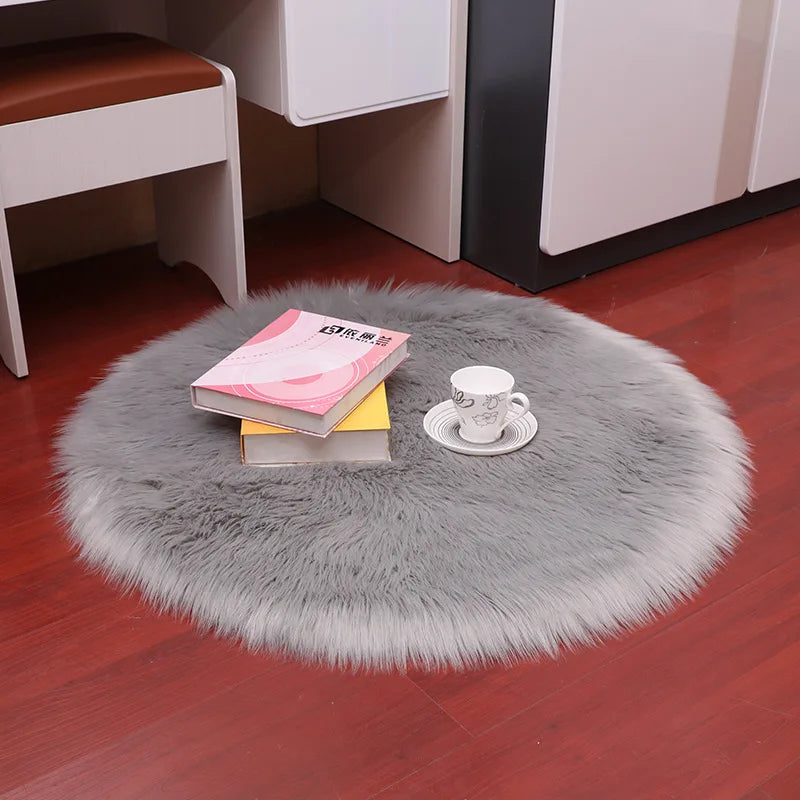 Plush Sheepskin Round Carpet – Soft Shaggy Fur Rug for Bedroom & Living Room