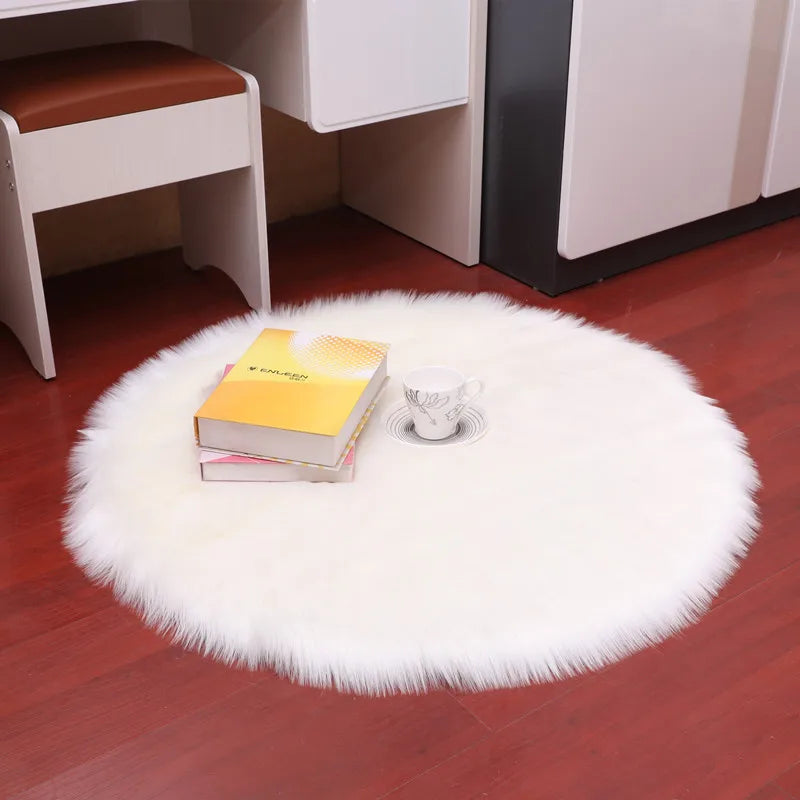 Plush Sheepskin Round Carpet – Soft Shaggy Fur Rug for Bedroom & Living Room