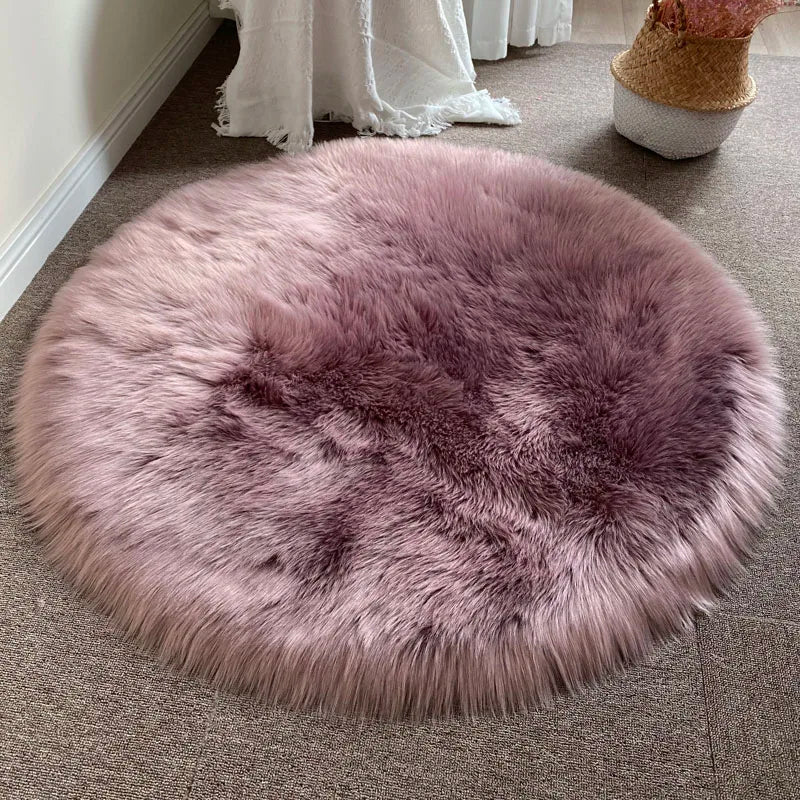 Round Shaggy Faux Sheepskin Rug – Soft Fluffy Plush Carpet for Bedroom & Living Room