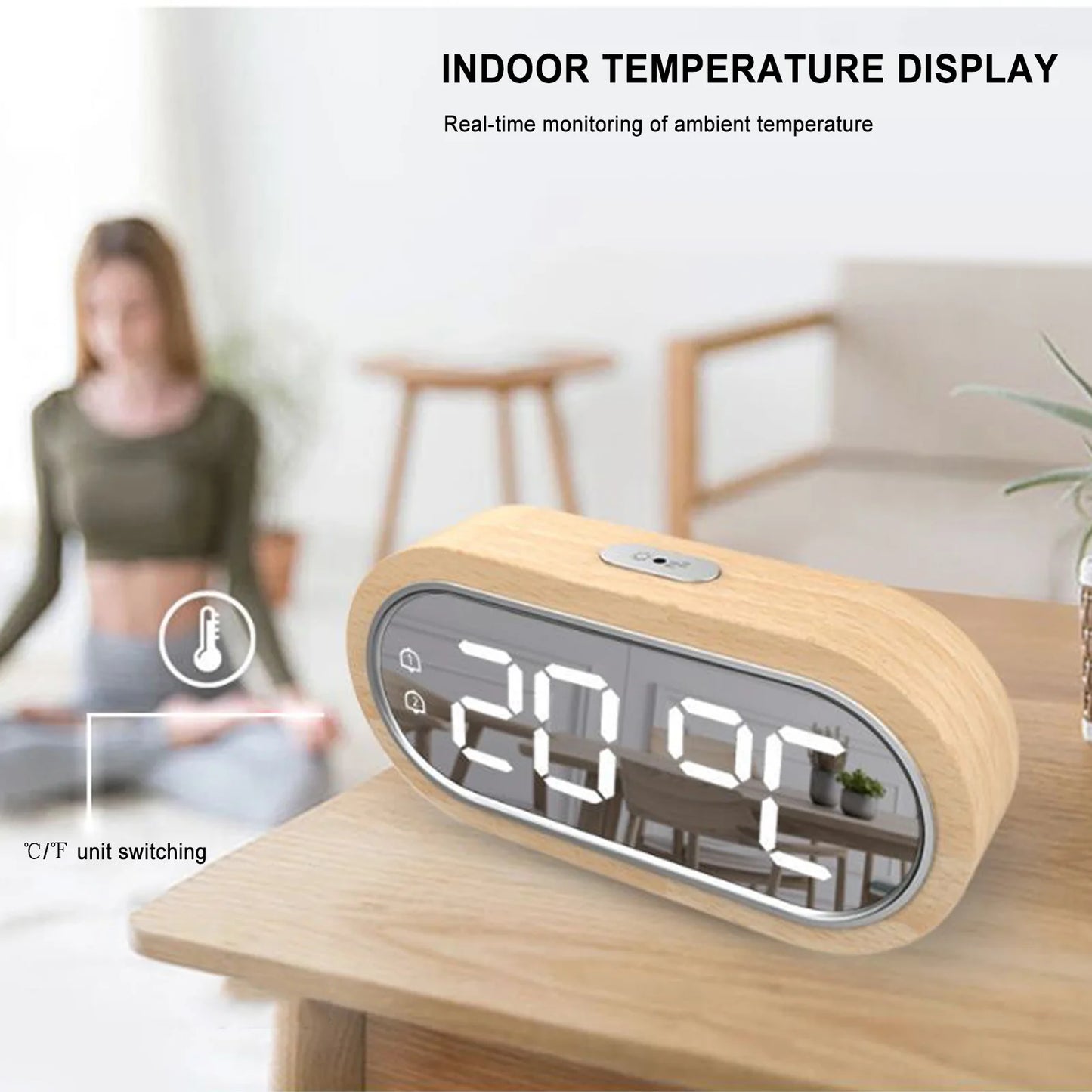 LED Digital Wooden Desk Alarm Clock – Modern Time, Temperature & Brightness Adjustment (USB/AAA Powered)