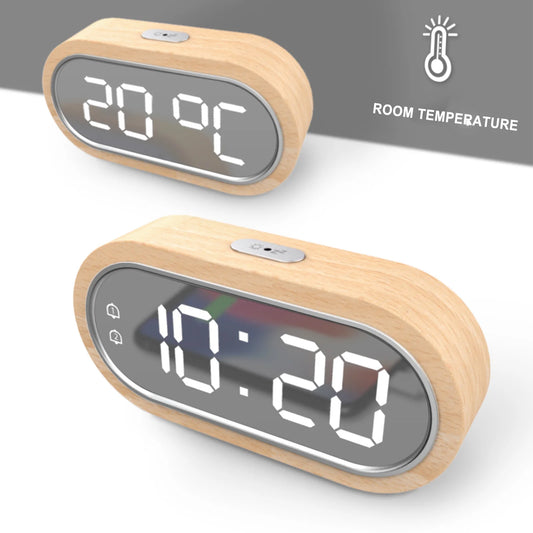 LED Digital Wooden Desk Alarm Clock – Modern Time, Temperature & Brightness Adjustment (USB/AAA Powered)