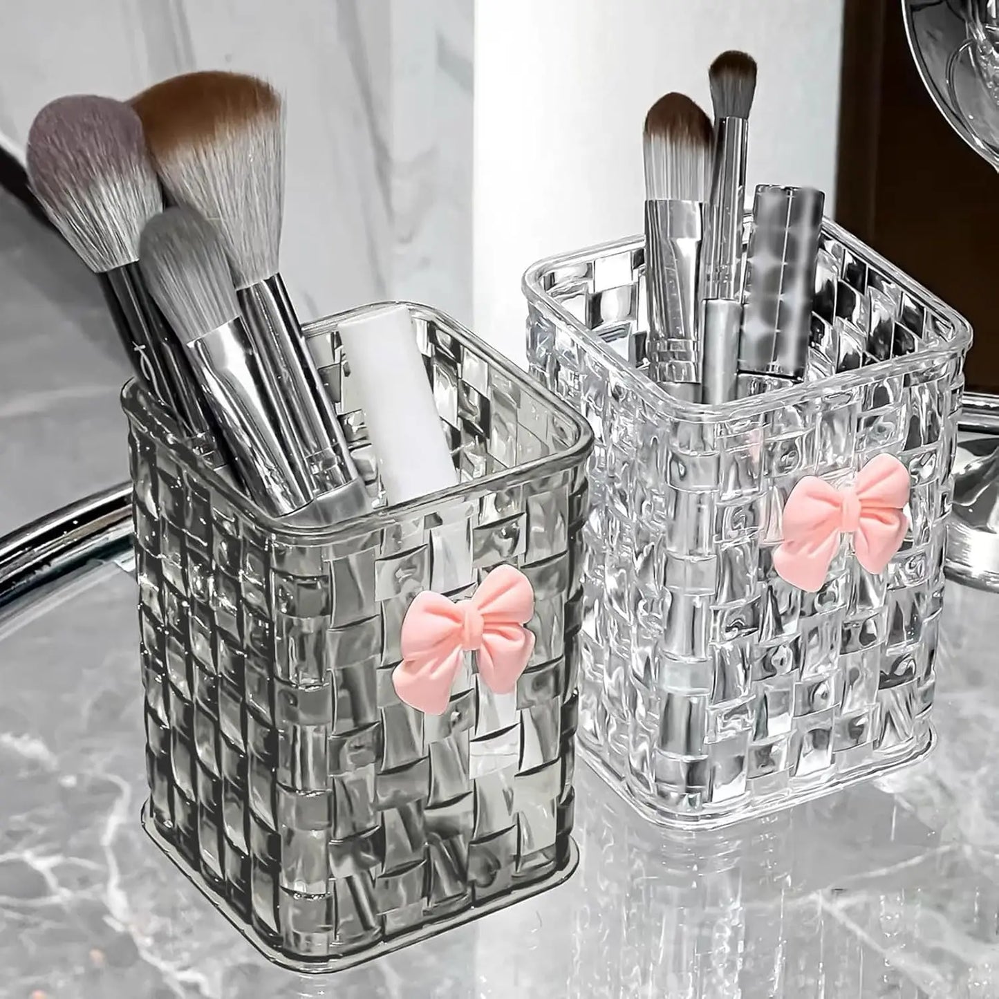 Clear Acrylic Desk Organizer with Bow – PMMA Pen Holder & Storage Basket