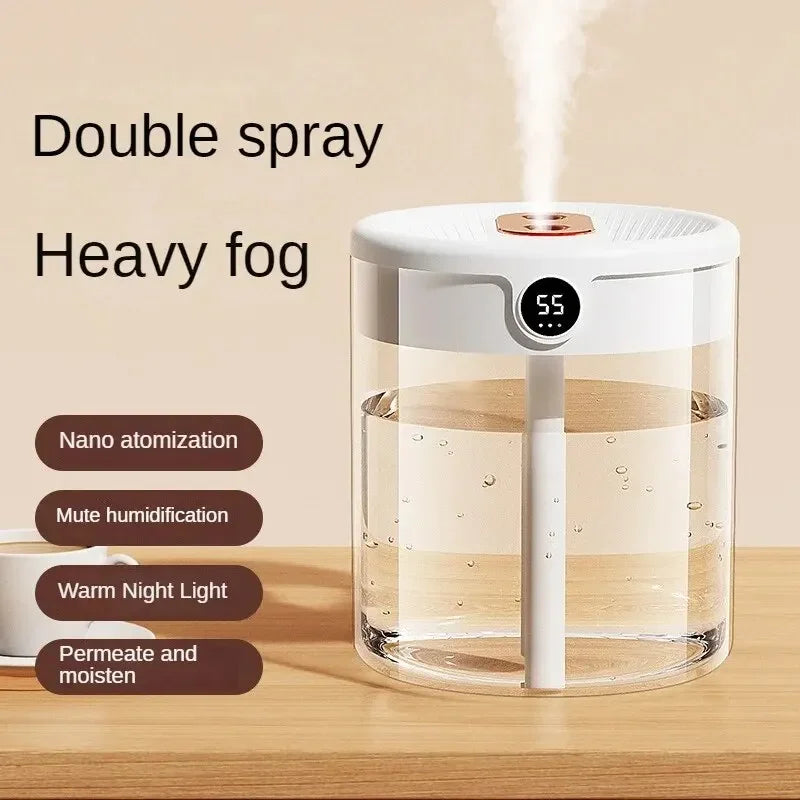 Dual Spray Humidifier – 2L Quiet USB Air Diffuser with LED Digital Display & Night Light