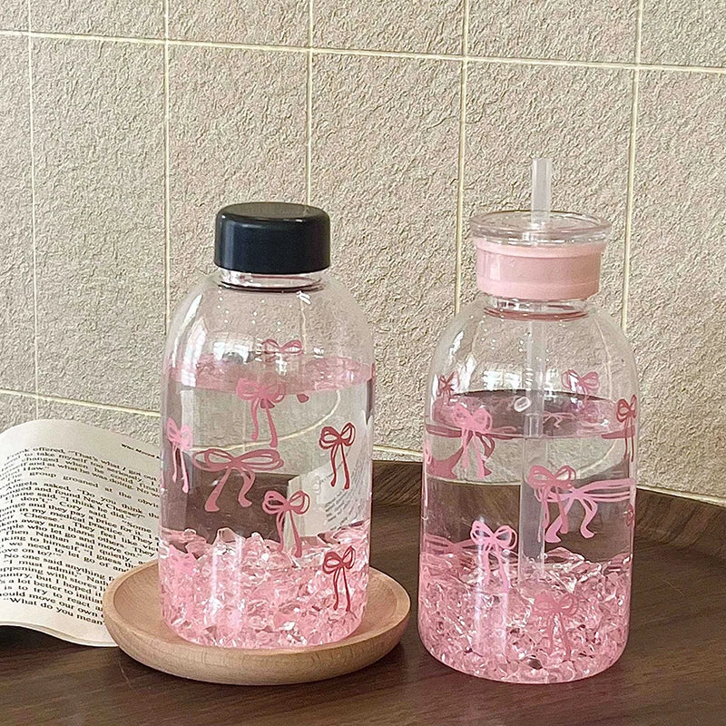 Portable Bowknot Drinking Bottle – Plastic Cup with Straw Lid