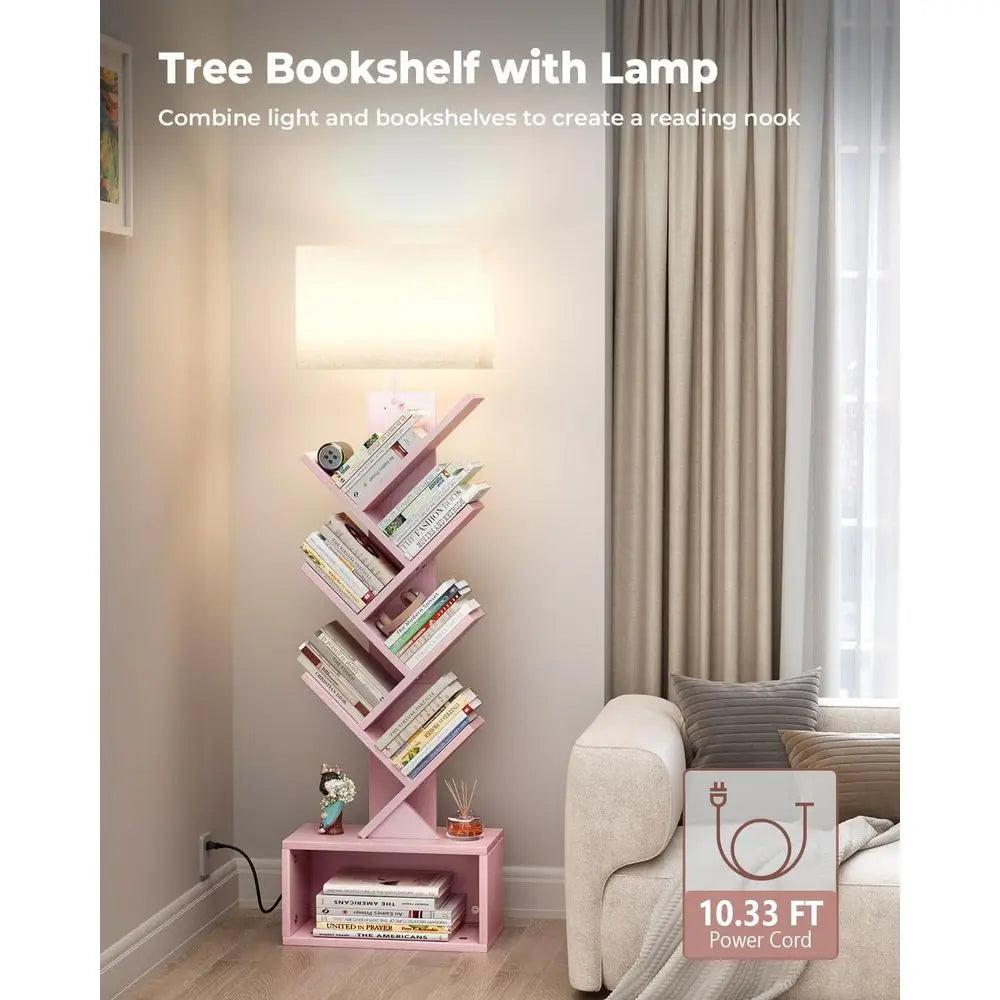 Pink 6-Tier Narrow Bookshelf with Storage Cabinet
