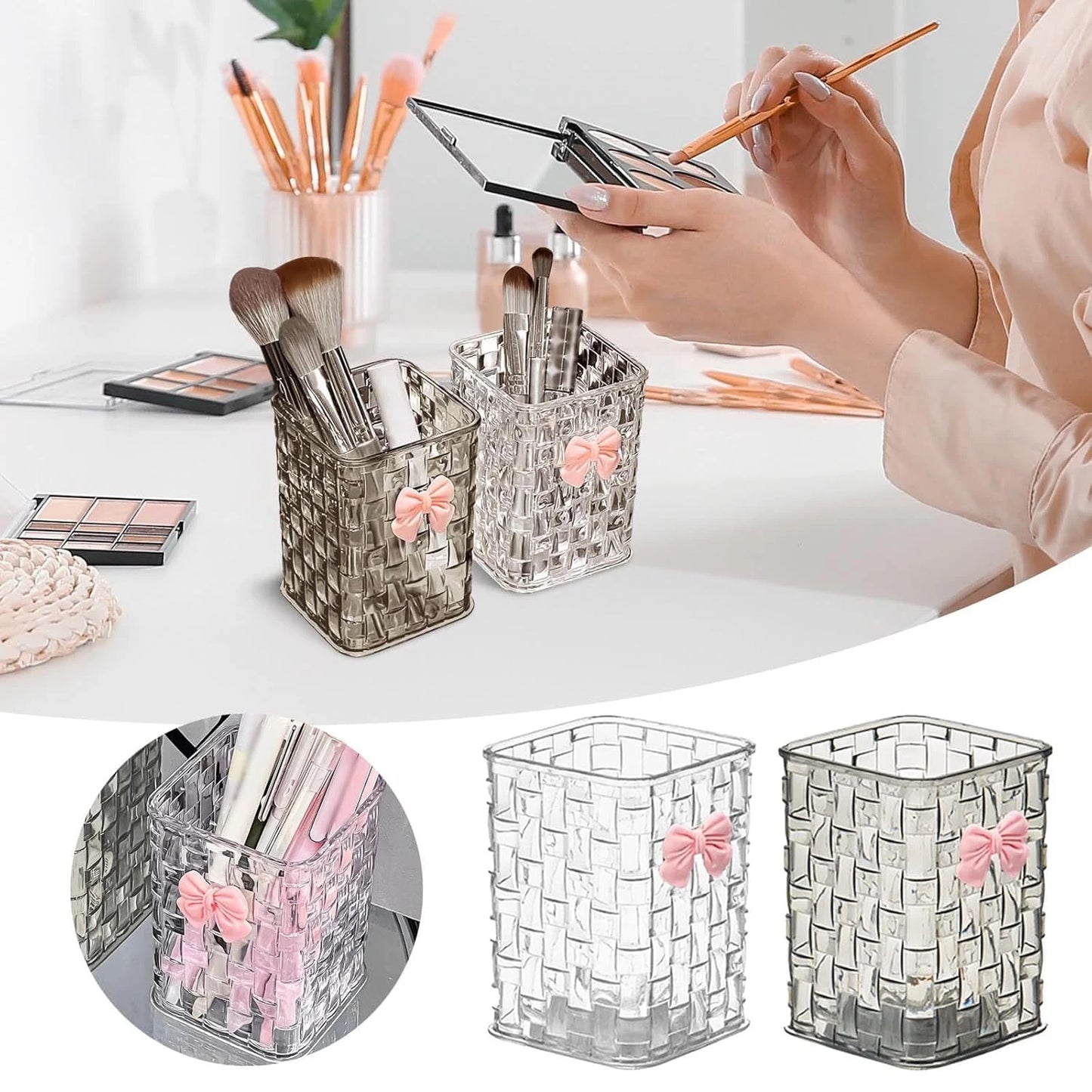 Clear Acrylic Desk Organizer with Bow – PMMA Pen Holder & Storage Basket