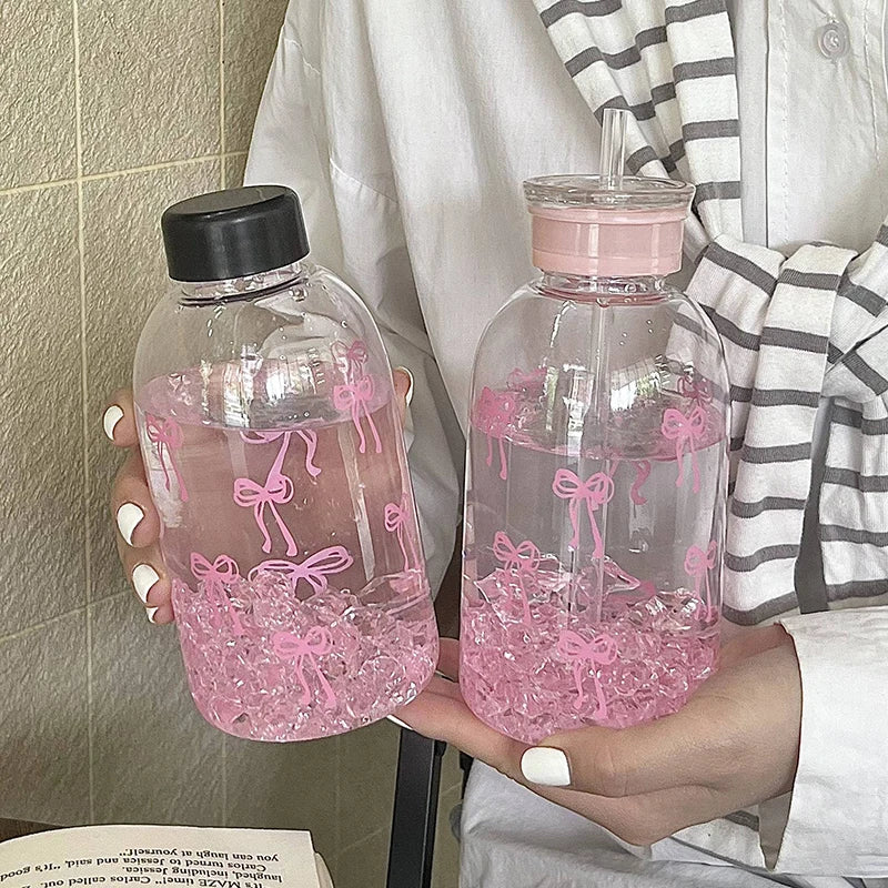 Portable Bowknot Drinking Bottle – Plastic Cup with Straw Lid