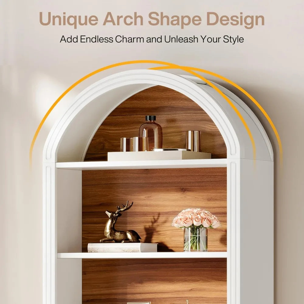 Shelving unit with unique arch shape design, featuring decorative items on a neutral background.