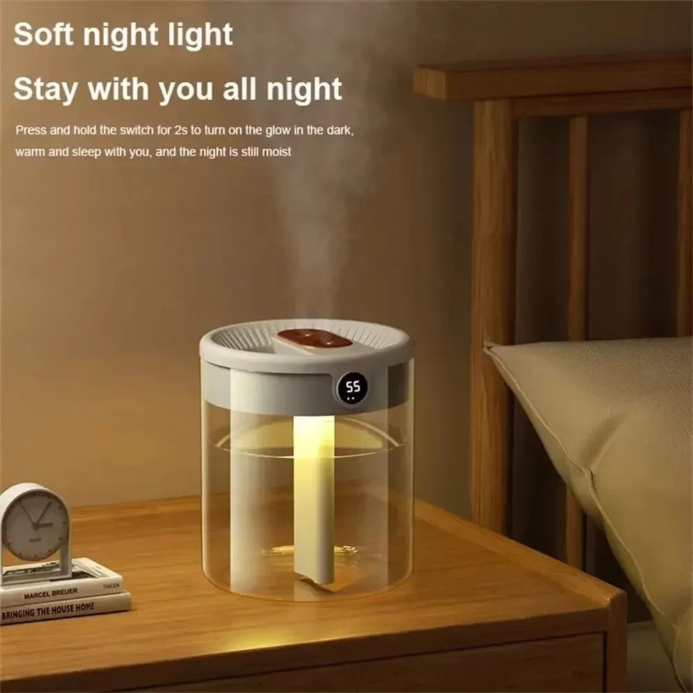 Dual Spray Humidifier – 2L Quiet USB Air Diffuser with LED Digital Display & Night Light