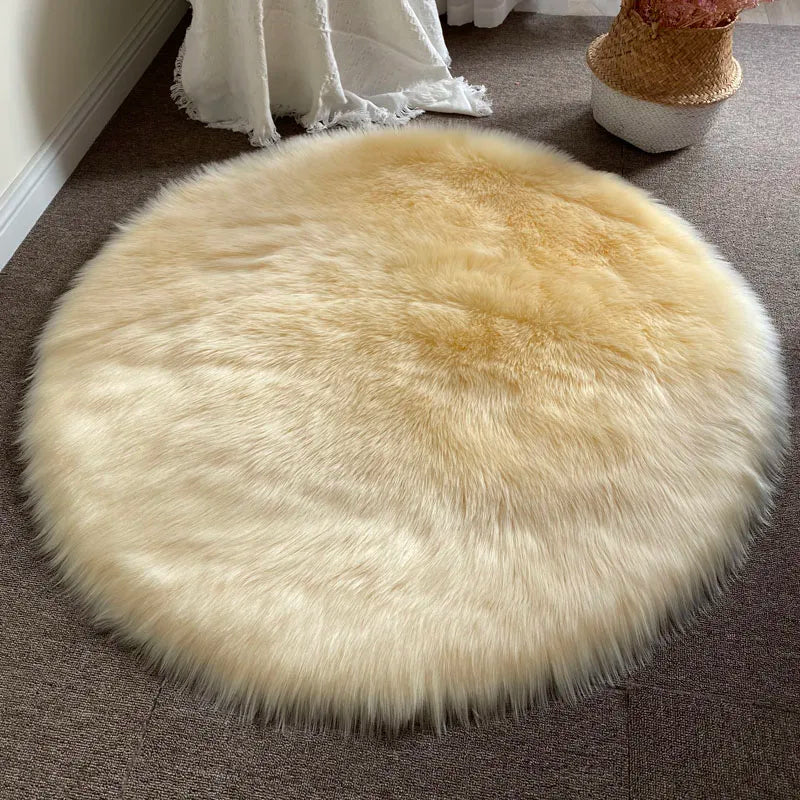 Round Shaggy Faux Sheepskin Rug – Soft Fluffy Plush Carpet for Bedroom & Living Room