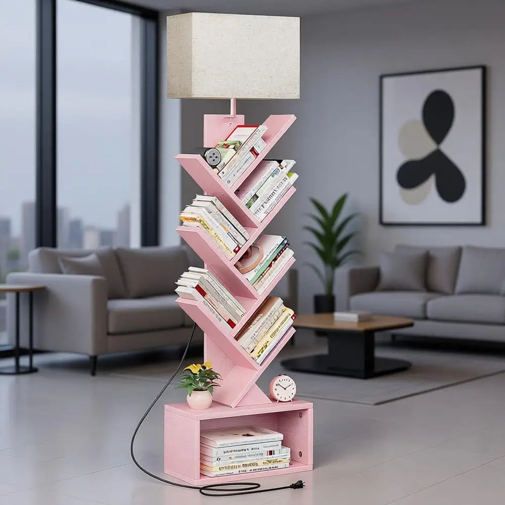 Pink 6-Tier Narrow Bookshelf with Storage Cabinet