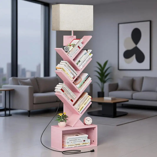 Pink 6-Tier Narrow Bookshelf with Storage Cabinet