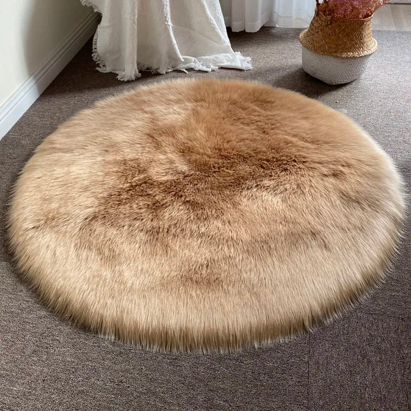 Round Shaggy Faux Sheepskin Rug – Soft Fluffy Plush Carpet for Bedroom & Living Room