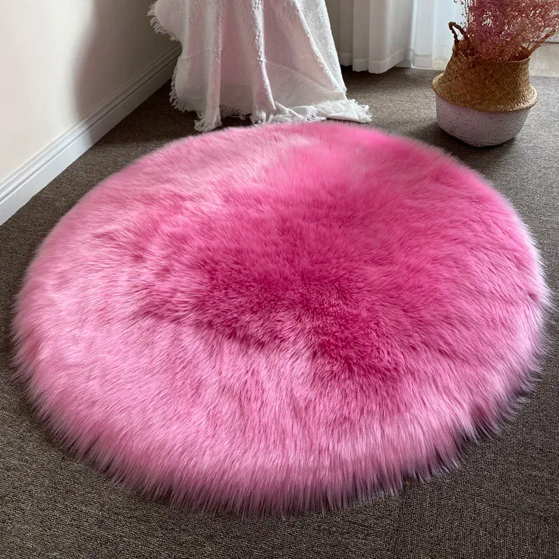 Round Shaggy Faux Sheepskin Rug – Soft Fluffy Plush Carpet for Bedroom & Living Room