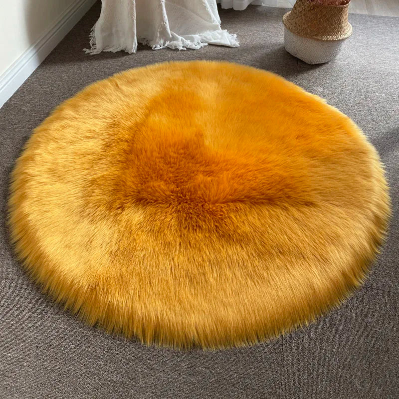 Round Shaggy Faux Sheepskin Rug – Soft Fluffy Plush Carpet for Bedroom & Living Room