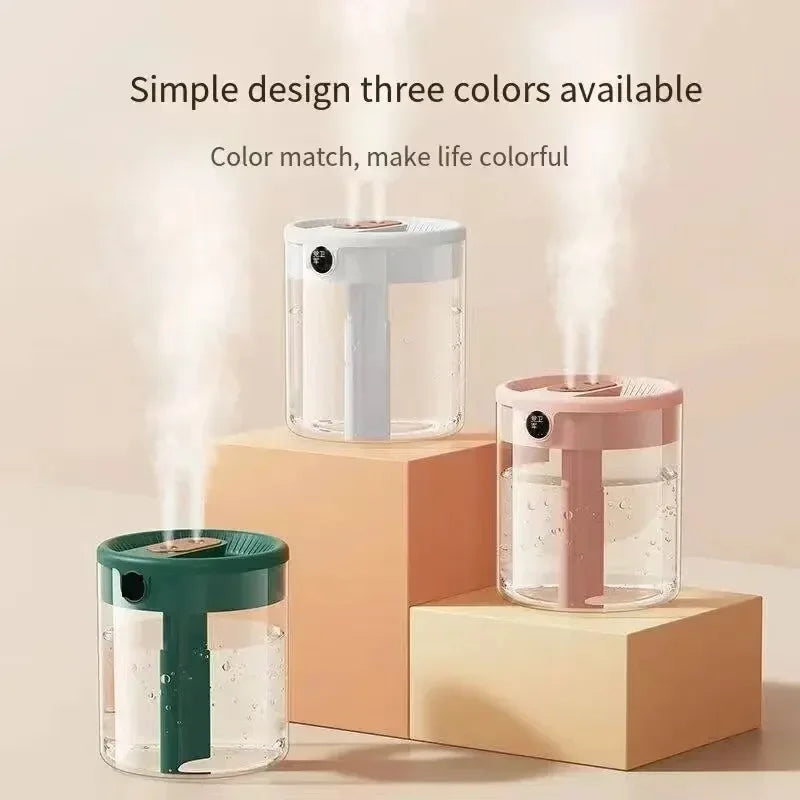 Dual Spray Humidifier – 2L Quiet USB Air Diffuser with LED Digital Display & Night Light