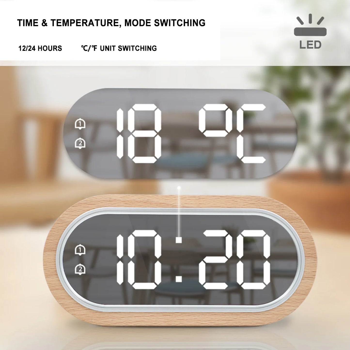 LED Digital Wooden Desk Alarm Clock – Modern Time, Temperature & Brightness Adjustment (USB/AAA Powered)